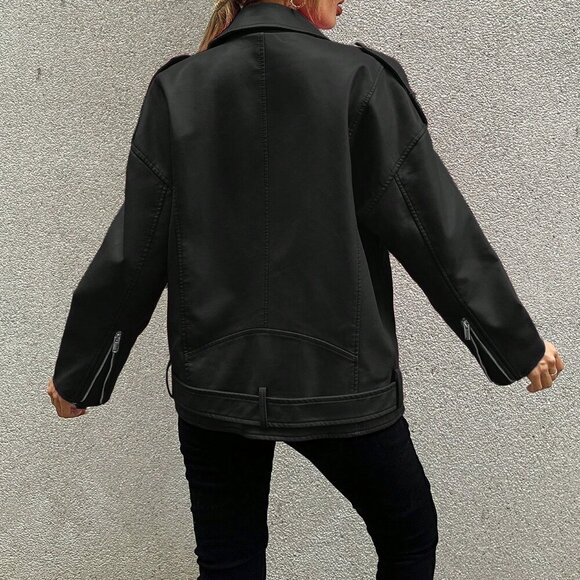 Black Casual Women's Zip Up Flap Detail Belted Moto Jacket - Picture 2 of 6